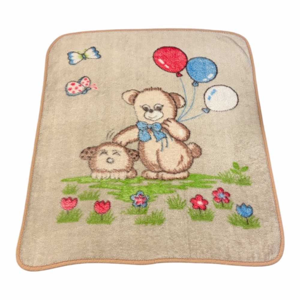 (1980’s) RARE [Made In Korea] Minky Plush Baby Blanket - Bear, Balloons & Puppy - Picture 2 of 2